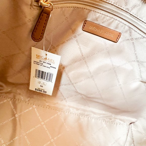 Michael Kors Jet Set Item Large Front Pocket Shoulder Chain Tote Bag MK Brown - Picture 8 of 11